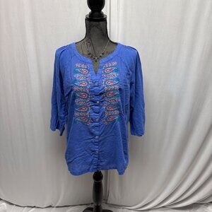 Khakis and Co Cotton Top Womens Size Medium Blue Embroidered Paisley Tunic Boho